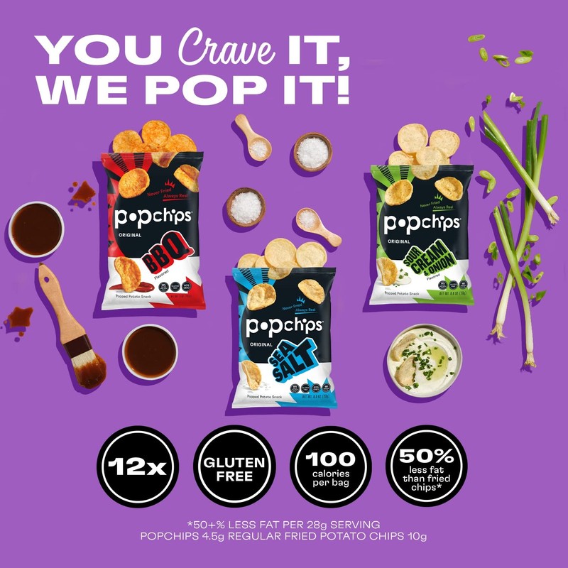 Popchips Potato Chips Variety Pack, Sea Salt, BBQ, 0.8 Ounce (Pack of 12) gallery