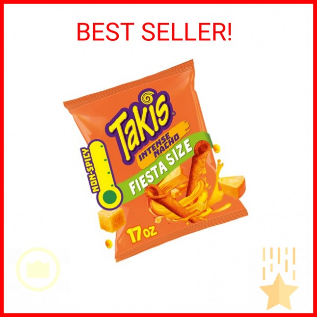 Takis Intense Nacho 17 oz Fiesta Size Bag, Cheese Flavored Non-Spicy Cheesy Roll