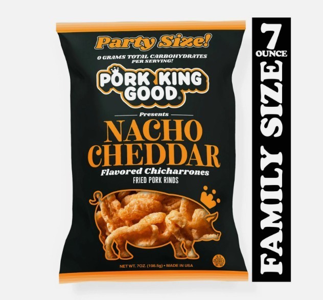 Pork King Good Nacho Cheddar Pork Rinds Chicharrones 7oz Family Size Bag