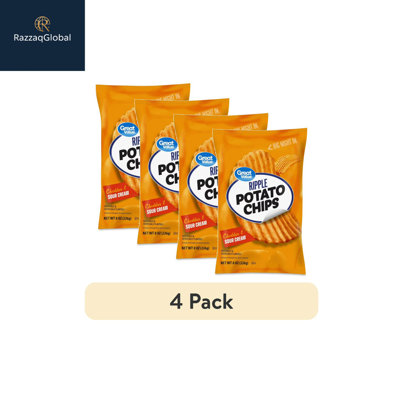 (4 pack) Great Value Rippled Cheddar & Sour Cream Potato Chips, 8 oz Bag