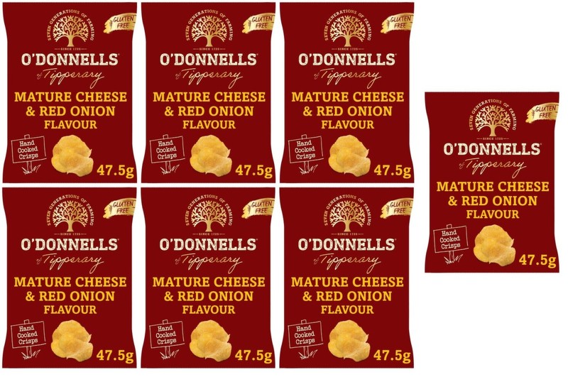7 bags of O’ Donnells Handcooked Mature Irish Cheese & Onion Crisps 47.5g each
