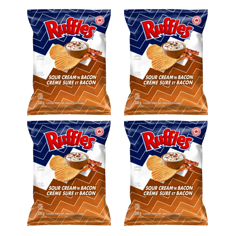 Ruffles Sour Cream Bacon Potato Chips 200g Canadian Snacks Savory (4 Packs)