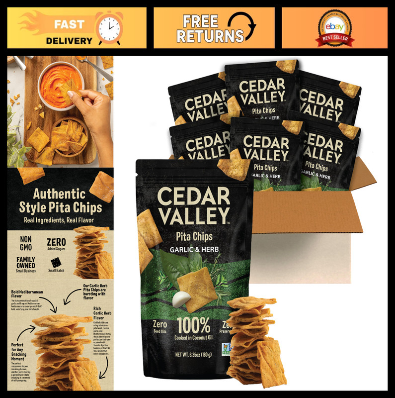 Garlic & Herb Pita Chips 180g (Pack of 6) | Seed Oil Free, Coconut Oil Cooked |