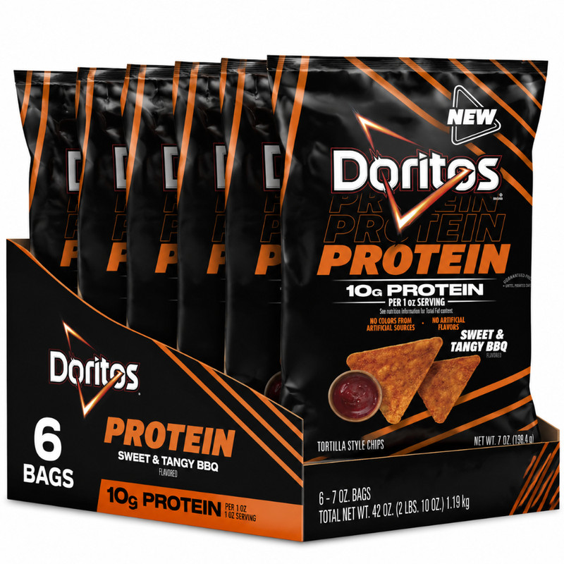 Doritos Protein Sweet & Tangy BBQ Tortilla Chips Bag, 7 oz pack of 6