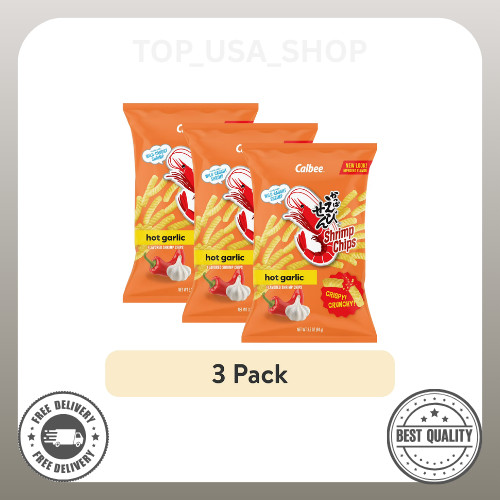 (3 pack) Calbee Shrimp Chips Baked Hot Garlic Flavored Shrimp Chips 3.3oz Bag