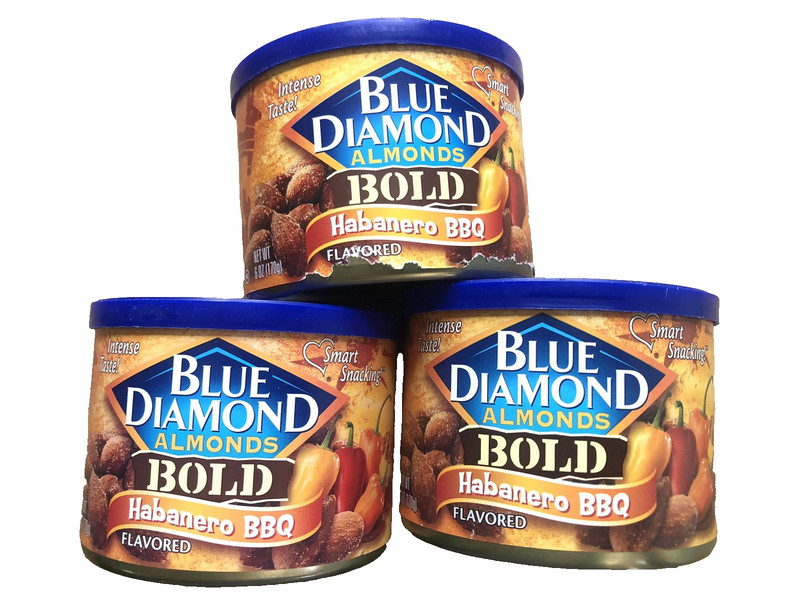 3 BLUE DIAMOND ALMONDS BOLD Habanero BBQ sealable 6 oz cans bb 11/27, 1/26, 6/27