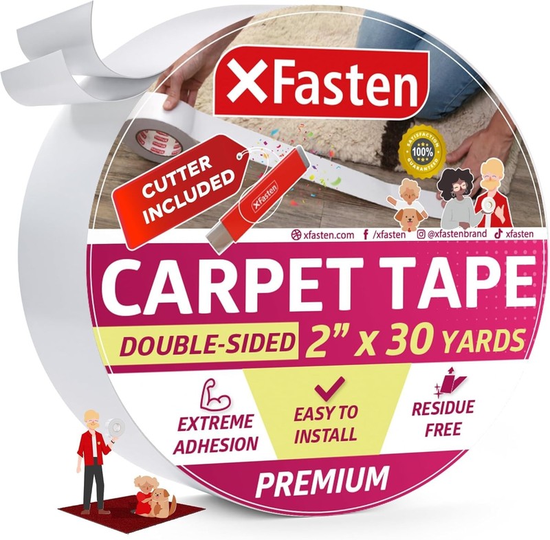 Double Sided Carpet Tape for Area Rugs 2 Inch X 30 Yards W/Mini Cutter, Residue-