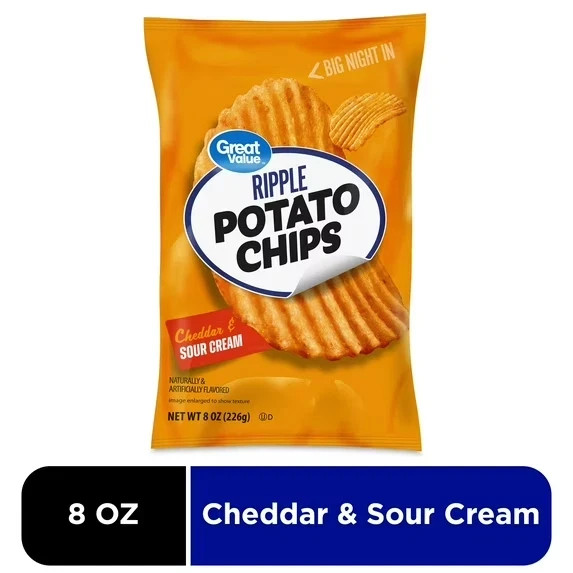 (4 pack) Great Value Rippled Cheddar & Sour Cream Potato Chips, 8 oz Bag gallery