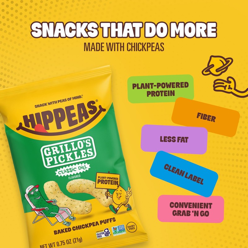 Hippeas Grillo's Dill Pickle, 0.75 Ounce Pack of 18, 3g Protein, Fiber, Vegan... gallery