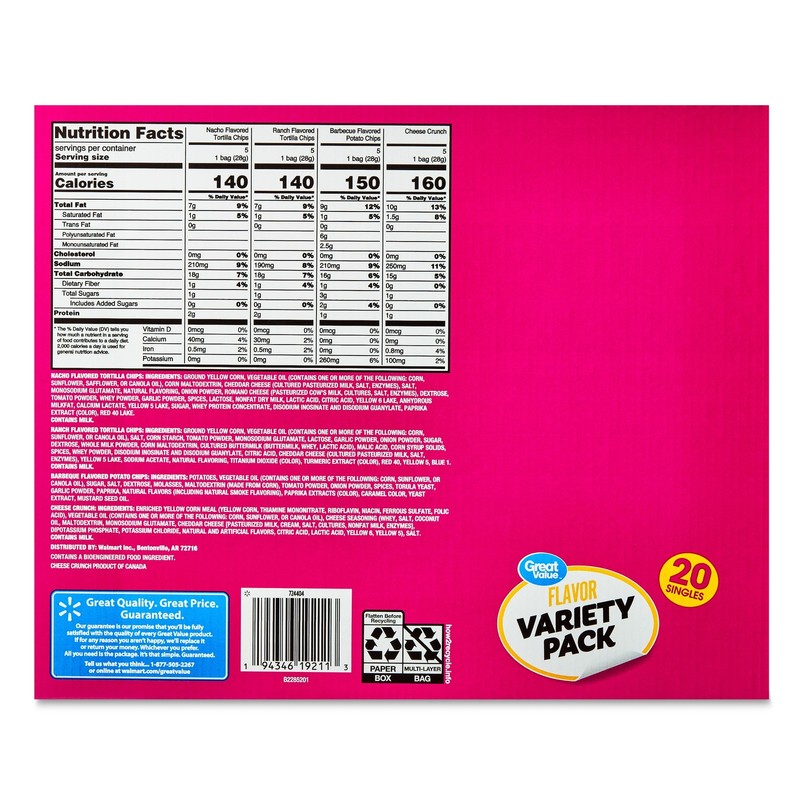 Great Value Flavor Variety Chip Pack, 1 Oz, 20 Count gallery