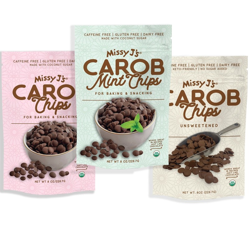 Missy J’s Organic Carob Chips Sampler pack-3 flavors, Vegan Free, Combo Pack
