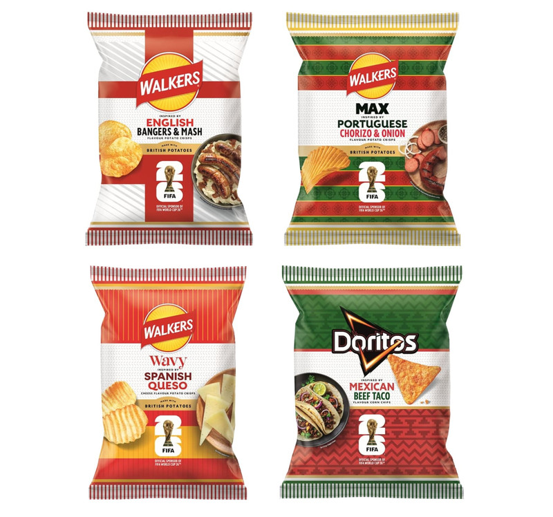 Walkers BUNDLE World Cup Crisps Cheese Chorizo Taco Bangers & Mash PACK OF 4