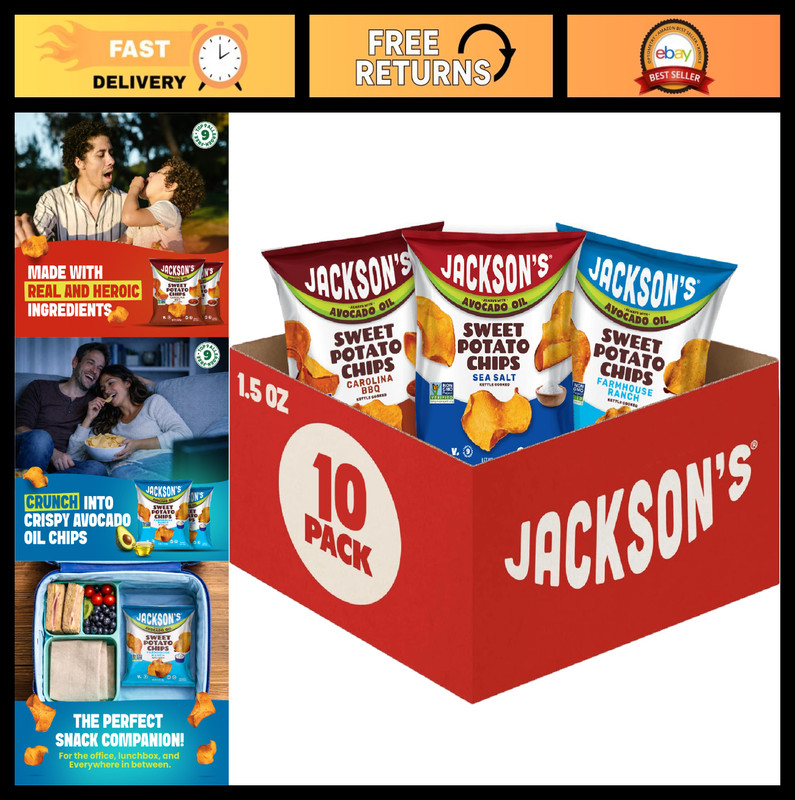 Sweet Potato Kettle Chips Variety Pack – Avocado Oil, Sea Salt, Ranch, BBQ – Glu
