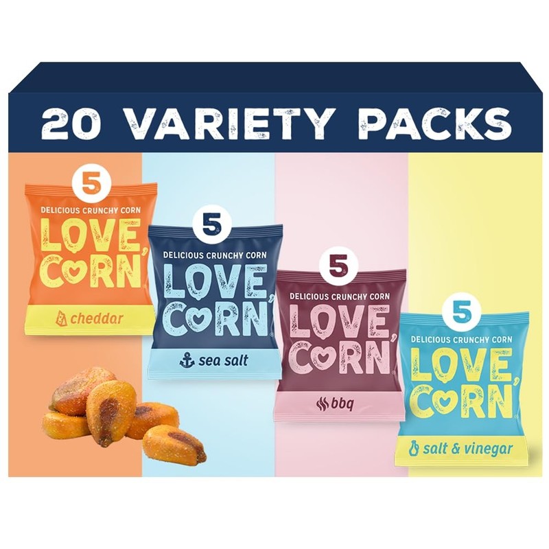 LOVE CORN Family Favorite Pack – Cheddar, Sea Salt, BBQ, Salt & Vinegar – Cru…