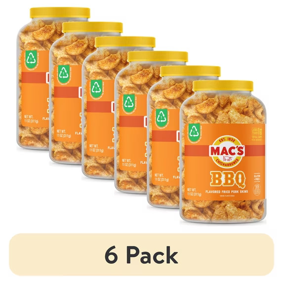 (6 pack) Mac’s Chicharrones BBQ Flavored Pork Rinds, Pork Skins, 11 oz Canister
