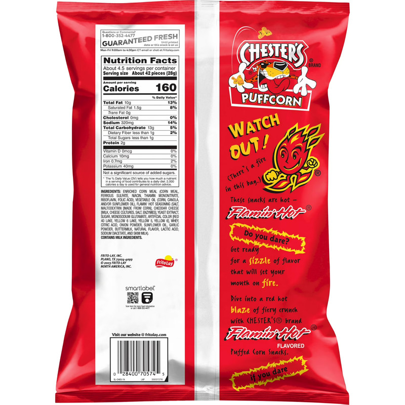 Chester's Puffcorn Flamin' Hot Flavored Puffed Corn Snacks, 4.25 oz Bag gallery