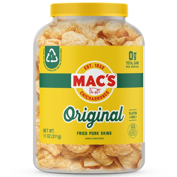 mac’s original fried pork skins 11oz barrel