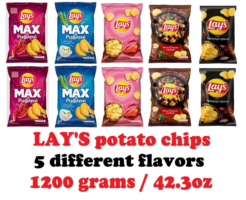 10 pcs LAY’S potato chips. 5 different flavors. Crab, lobster, grilled ribs