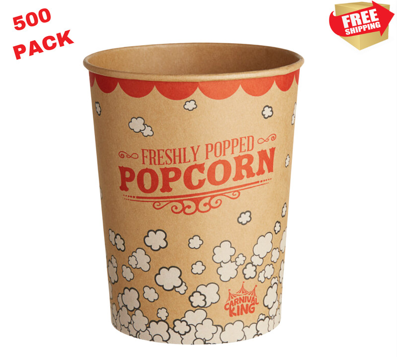 (500 Pack) 32 oz. Disposable Round Printed Kraft Popcorn Cup Grease Resistant