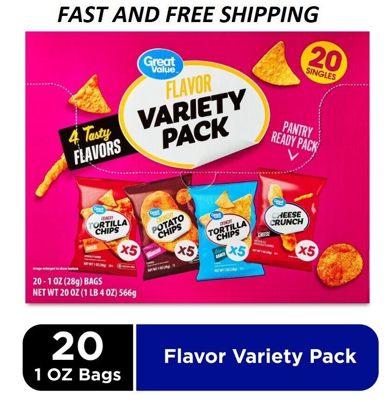 Great Value Tasty Chips Variety Pack, 1 oz, 20 count Box…