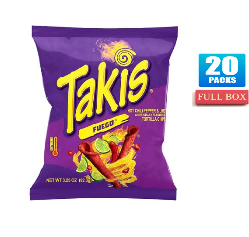 20x Packs Takis Fuego Hot Chili Pepper & Lime Rolled Tortilla Chips- 3.25oz Each