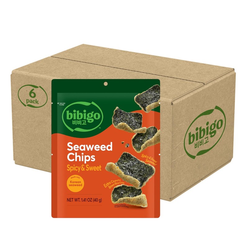 Bibigo Spicy & Sweet Seaweed Chips, 1.41 Ounce Pack of 6