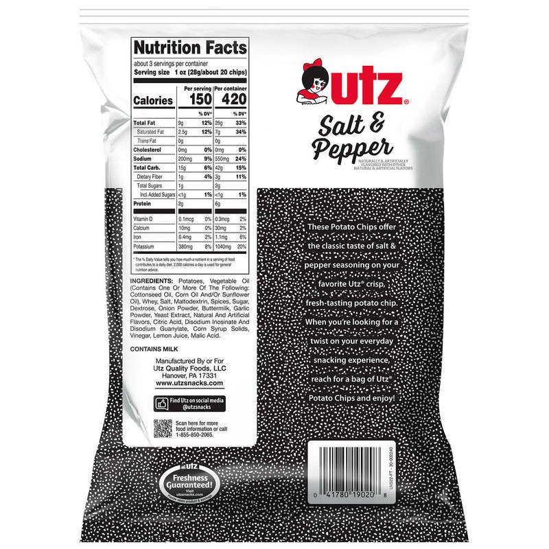 UTZ SALT & PEPPER POTATO CHIPS 2.75 OZ BAGS/14 BAGS PER CASE/FREE SHIPPING gallery