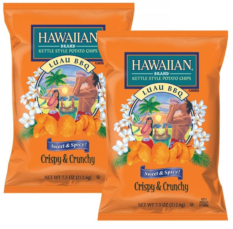 Hawaiian Kettle Style Potato Chips Luau BBQ Sweet & Spicy 7.5 oz (2 Bags)