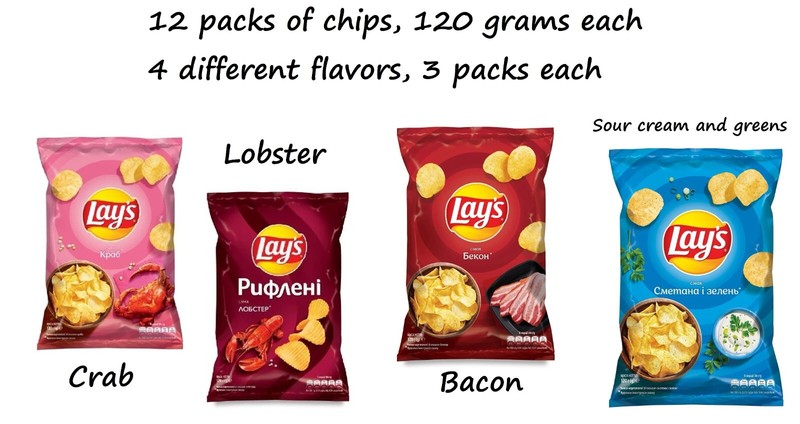 Mix of Lay’s potato chips with sour cream and herbs flavors, crab, lobster,bacon