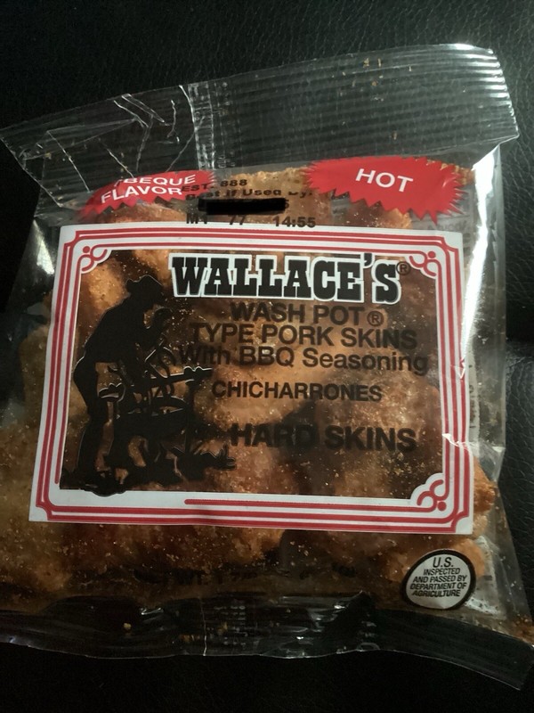 WALLACE’S WASH POT TYPE FRIED PORK SKINS CHICHARRONES BBQ (HARD SKINS) (10 PACK)