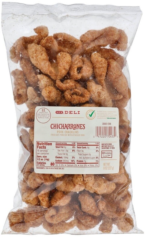 1 Bag – H-E-B Deli Chicharrones Pork Cracklins Plain 8 Oz Fried Out Pork