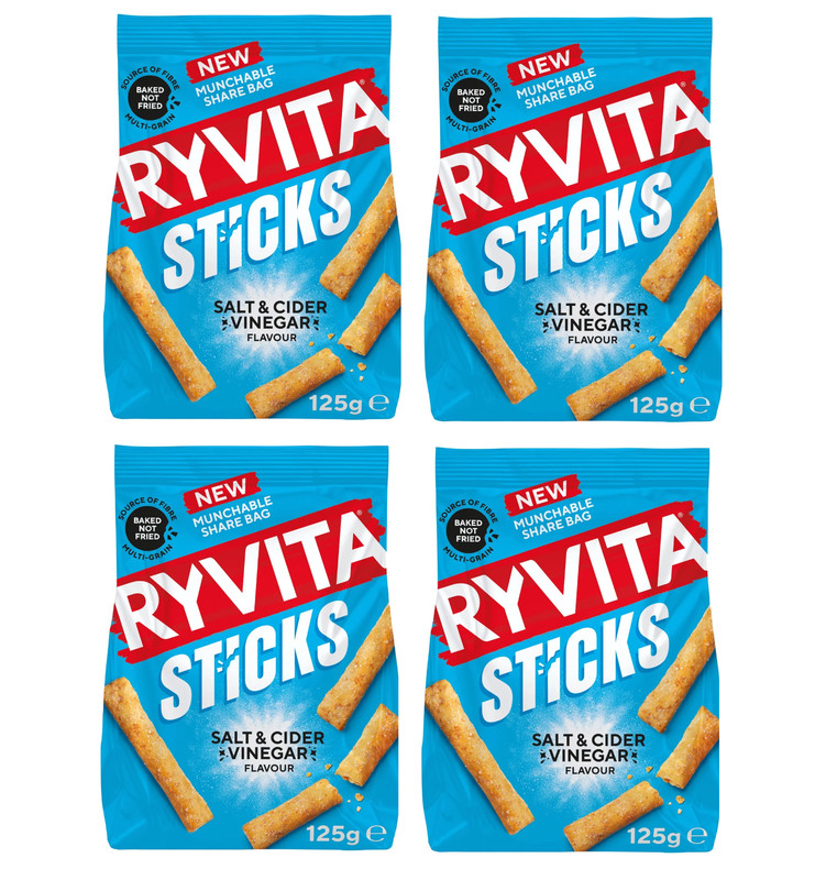 Ryvita Sticks Salt & Vinegar Multigrain Crisps Snacks 125g Sharing Bag PACK OF 4