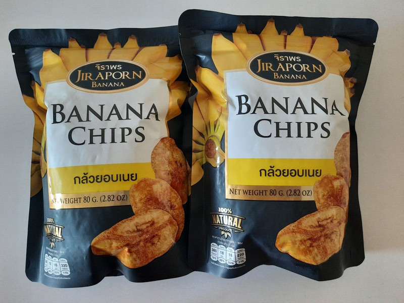 Banana Chips Dried Slice Fruit Snack Jiraporn Natural Product 2 x 80 g(2.82 Oz)