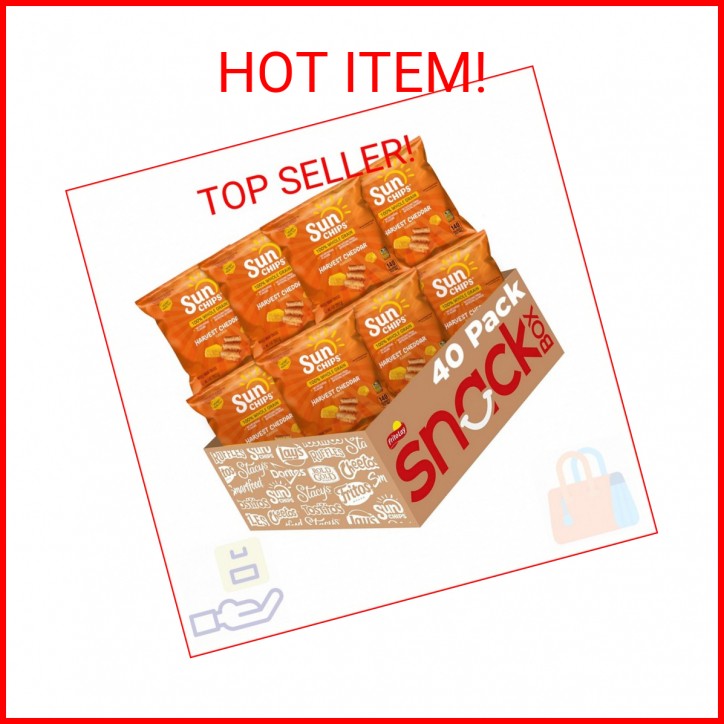 SunChips 100% Whole Grain Chips, Harvest Cheddar, 1 oz Bags, Pack of 40, No Arti