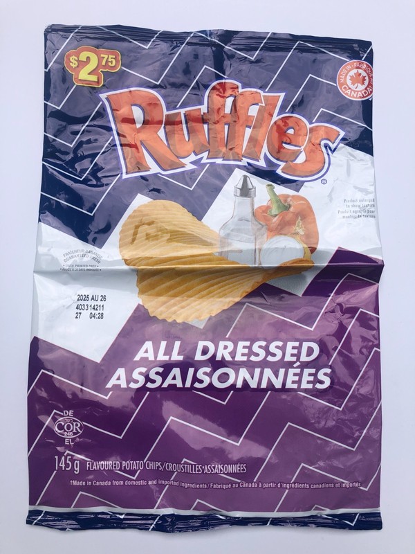 EMPTY BAG that contained Ruffles All Dressed 145g Size Bag Canadian ASSAISONNÉES