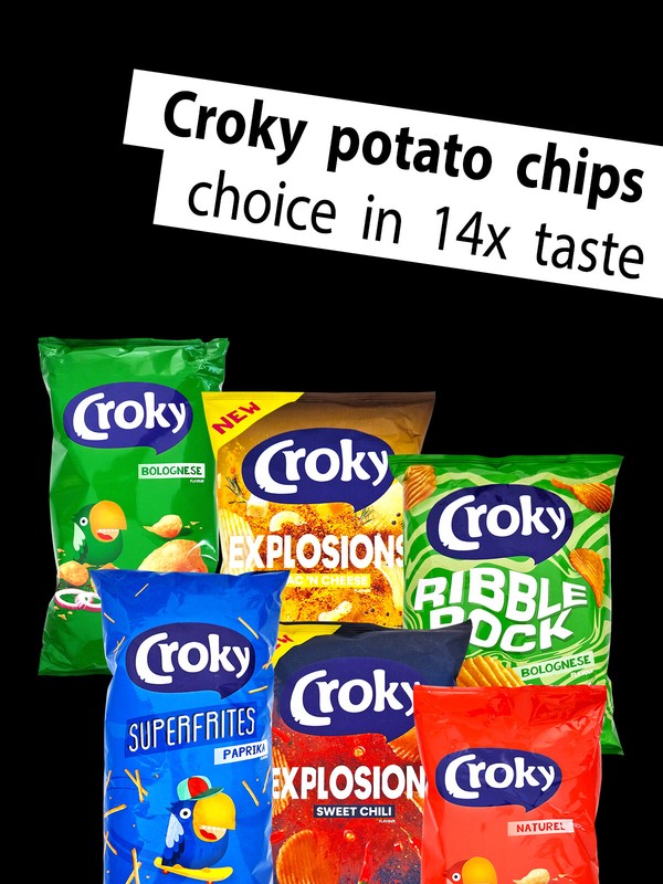 Croky potato chips, choice in 14x taste, Paprika / Bolognese (as Lays, Cheetos)
