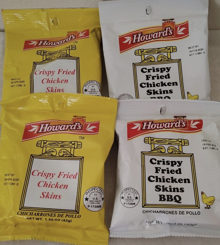 Howard's Crispy Fried Chicken Skins, 4- 1.5 0z. bags, 2 Regular & 2 BBQ