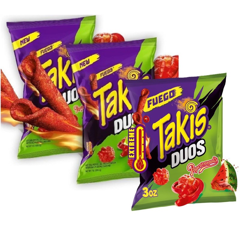 Takis Fuego Popcornopolis Duos Hot Chili Pepper Lime Watermelon 7 Oz (3 Bags)