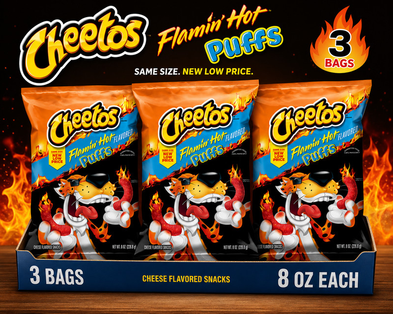 Cheetos PUFFS FLAMIN HOT Cheese Flavored Snacks 8oz (3 Bags)