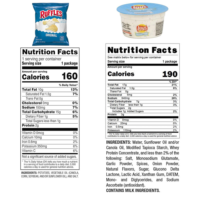 Frito Lay Ruffles Chips and Lay'S Ranch Dip Cups Variety Pack, (Pack of 24) gallery
