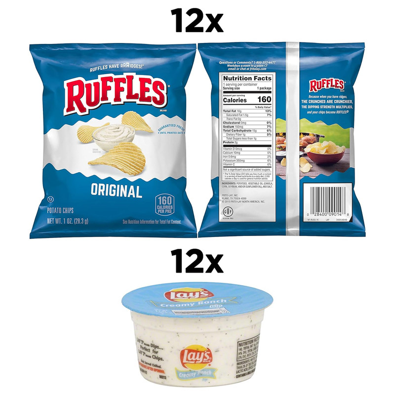 Frito Lay Ruffles Chips and Lay'S Ranch Dip Cups Variety Pack, (Pack of 24) gallery
