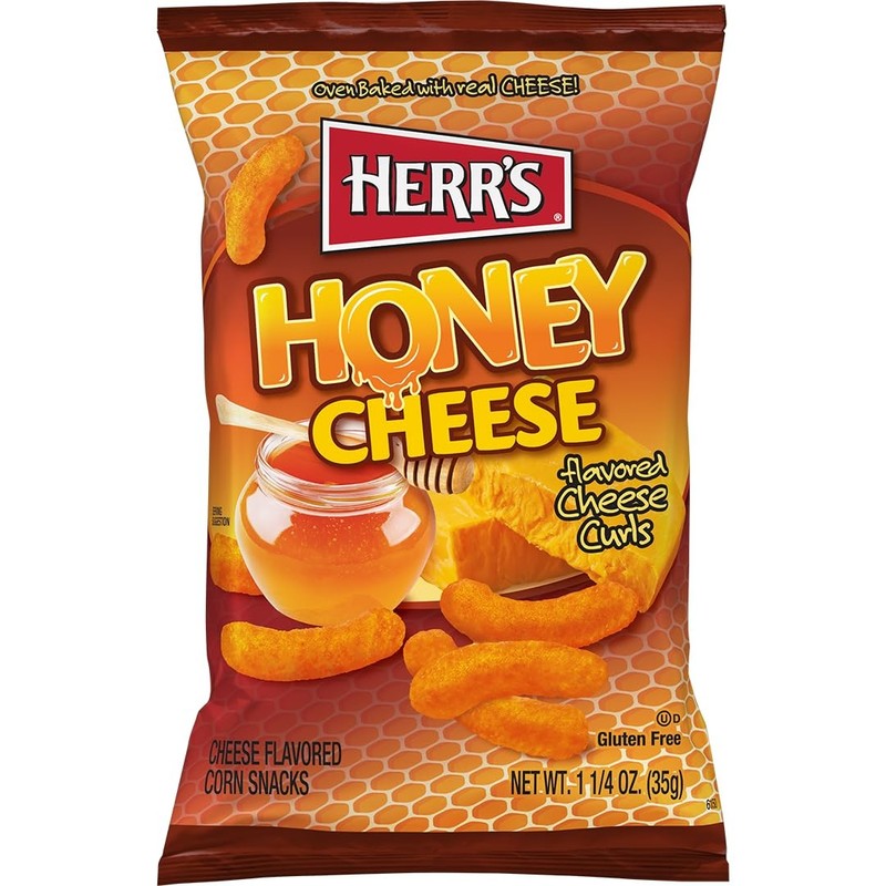 Herr’s Honey Cheese Flavored Curls, Gluten Free Snacks, 1.25oz Bag (24 Count)