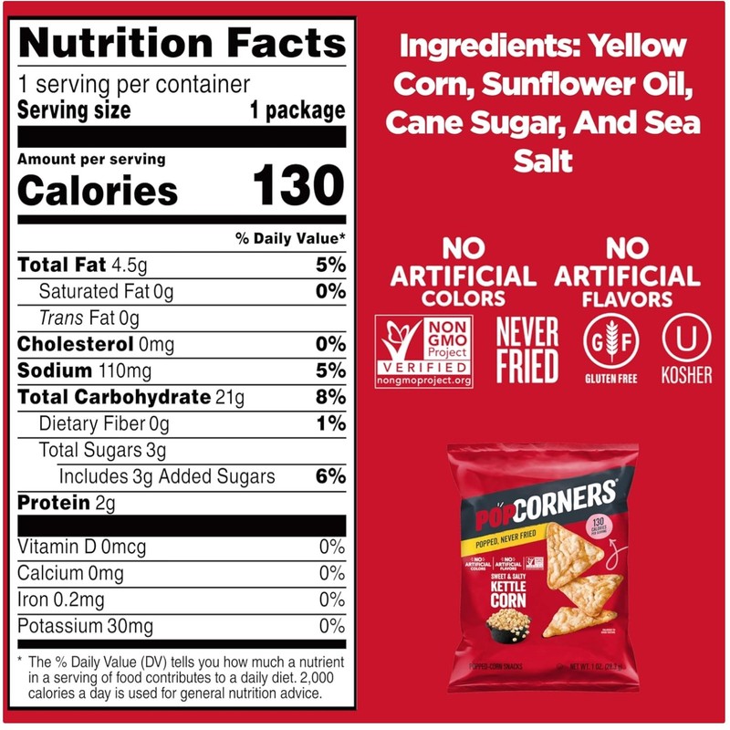 Crunchy Kettle Corn Snacks, 1 oz Bags, Pack of 20
