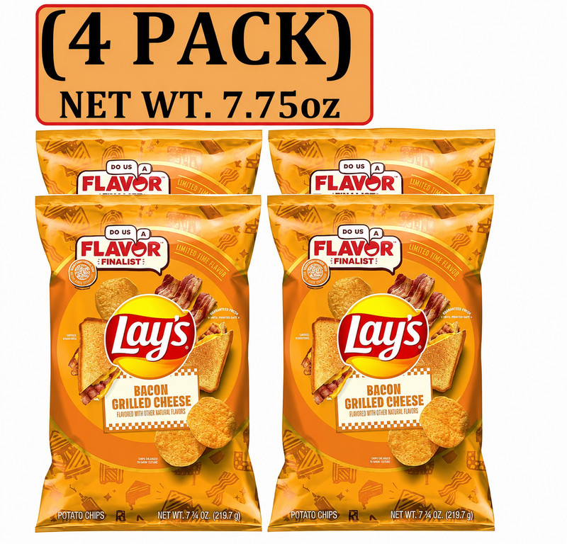 4 Pack Lay’s Potato Chips Bacon Grilled Cheese Flavored Snack Chips, 7.75 oz Bag