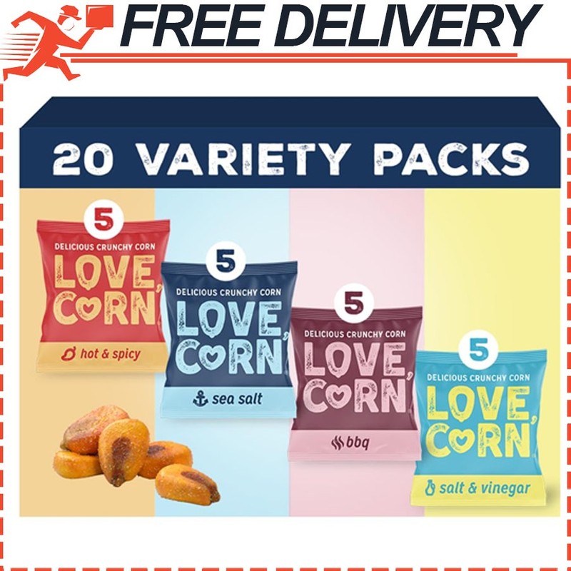 LOVE CORN Fab Four Sea Salt, BBQ, Salt & Vinegar, Hot Spicy Crunchy Corn Snacks