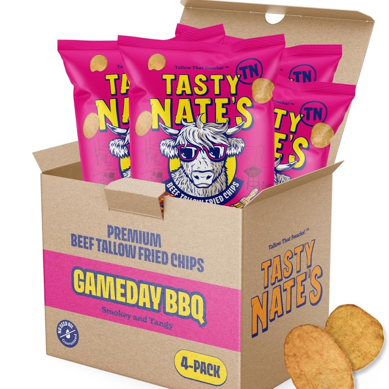 Tasty Nate’s Beef Tallow Potato Chips Game Day BBQ Flavor Kettle Chips Fried...
