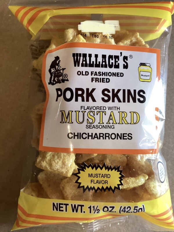 WALLACE’S Old Fashioned Pork Skins MUSTARD Flavor 1.5oz (8-Bags) Chicharrones