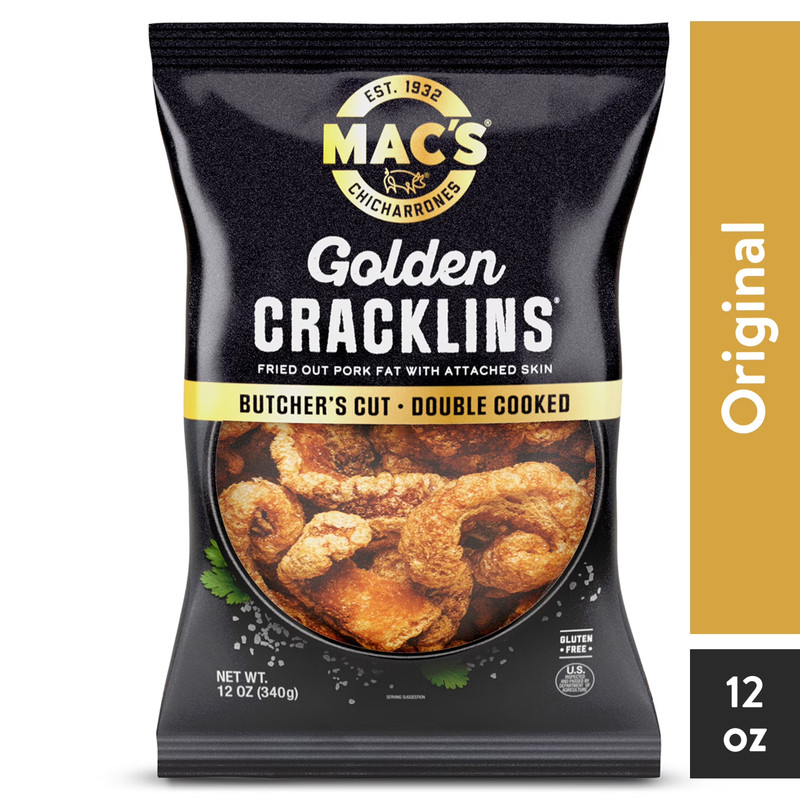 Mac’s Chicharrones Golden Cracklin Curls, Fried Pork Fat with Skin, 12 oz Bag…