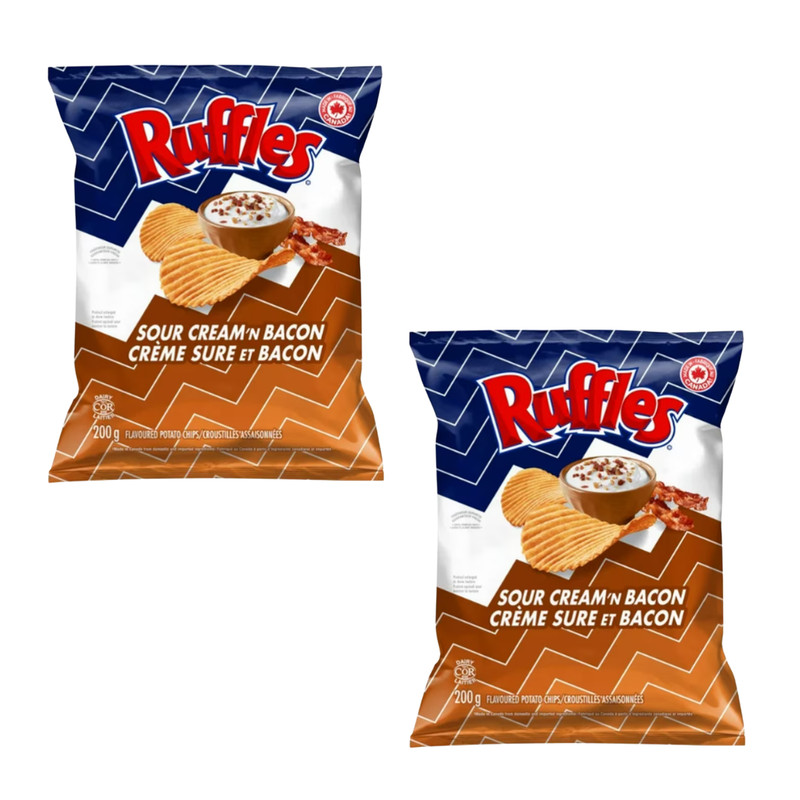 Ruffles Sour Cream Bacon Potato Chips 200g Canadian Snacks Savory (2 Packs)