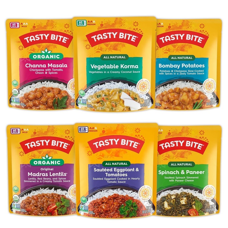Tasty Bite Variety, Pack of 6, Bombay Potatoes, Kashmir Spinach, Punjab Eggpl...